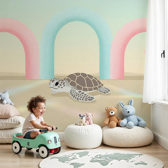 Kinderzimmer Tapete | Niedliche Schildkröte auf pastellfarbenem Meeresgrund mit bunten Bögen