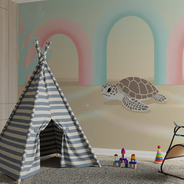 Kinderzimmer Tapete | Niedliche Schildkröte auf pastellfarbenem Meeresgrund mit bunten Bögen