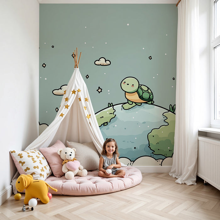 Kids room wallpaper | Cute turtle on the planet surrounded by clouds