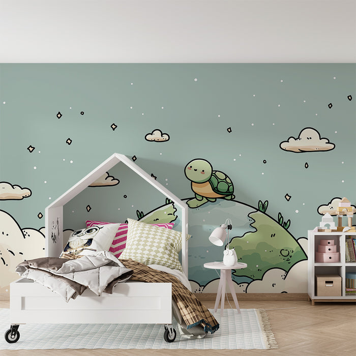 Kids room wallpaper | Cute turtle on the planet surrounded by clouds