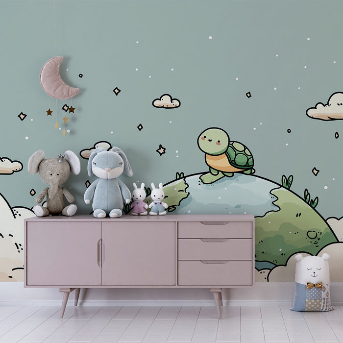 Kids room wallpaper | Cute turtle on the planet surrounded by clouds