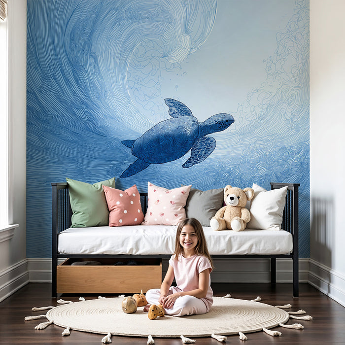 Kids room wallpaper | Turtle swimming in a blue wave