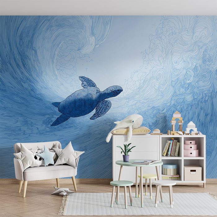 Kids room wallpaper | Turtle swimming in a blue wave