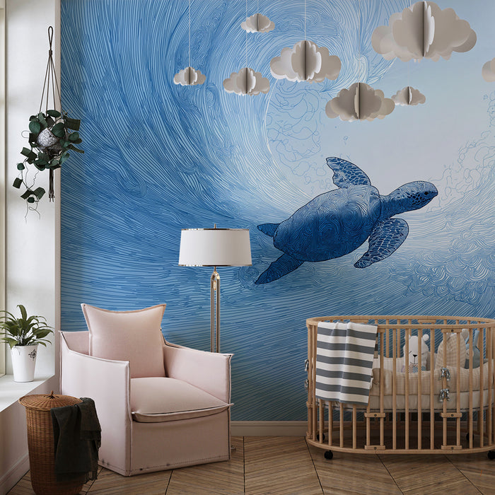 Kids room wallpaper | Turtle swimming in a blue wave
