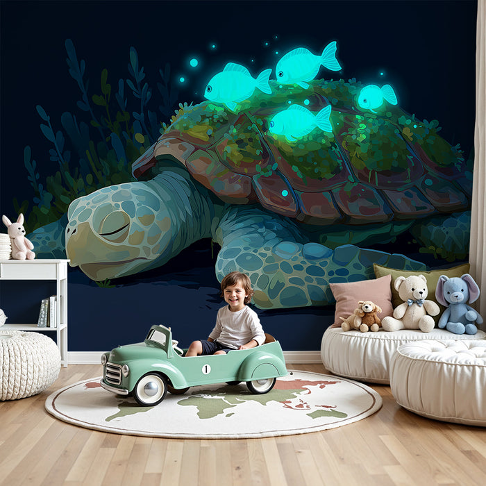 Kids room wallpaper | Peaceful turtle with glowing fish in a marine setting