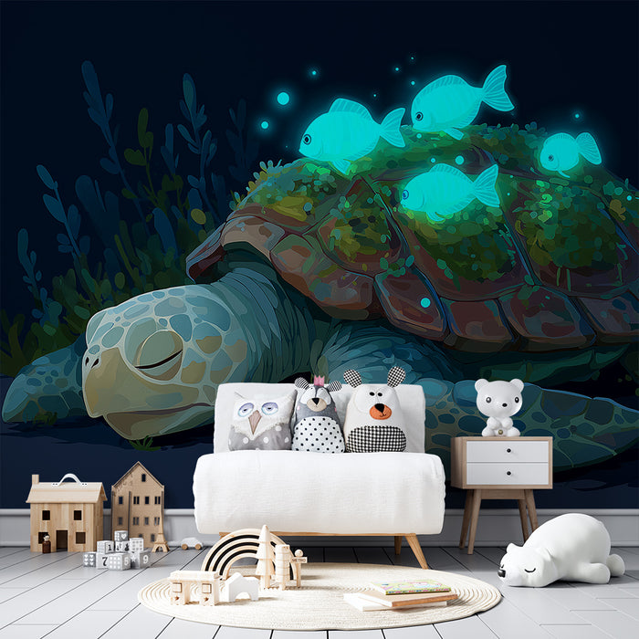 Kids room wallpaper | Peaceful turtle with glowing fish in a marine setting