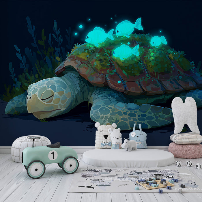 Kids room wallpaper | Peaceful turtle with glowing fish in a marine setting