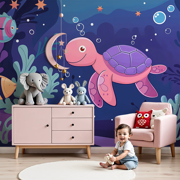 Kinderzimmer Tapete | Rosa Schildkröte und Meeresfreunde in einer bunten Unterwasserwelt