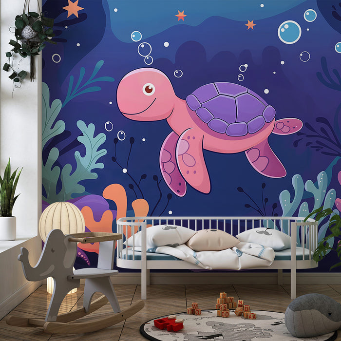 Kinderzimmer Tapete | Rosa Schildkröte und Meeresfreunde in einer bunten Unterwasserwelt