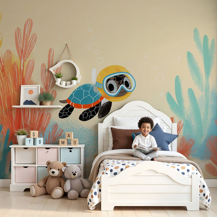 Kids room wallpaper | Merikilpkonn uurib värvilist maailma