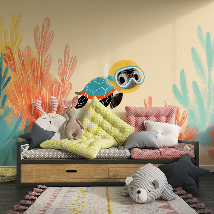 Kids room wallpaper | Merikilpkonn uurib värvilist maailma