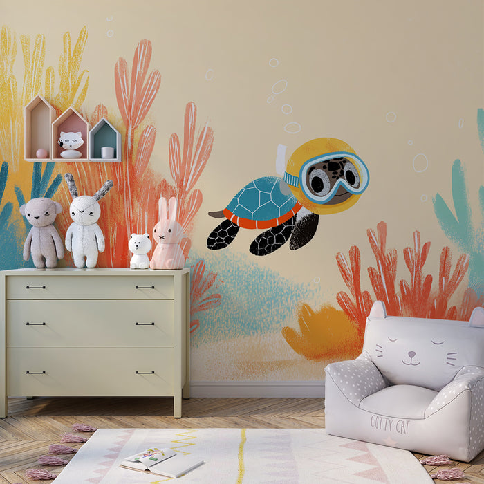 Kids room wallpaper | Merikilpkonn uurib värvilist maailma
