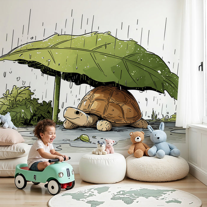 Papier peint chambre enfant | Tortue sous une grande feuille pendant la pluie