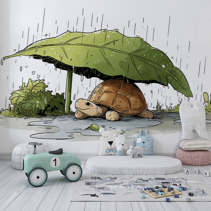 Papier peint chambre enfant | Tortue sous une grande feuille pendant la pluie