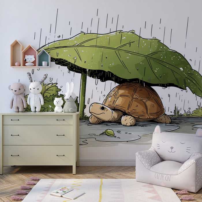 Papier peint chambre enfant | Tortue sous une grande feuille pendant la pluie