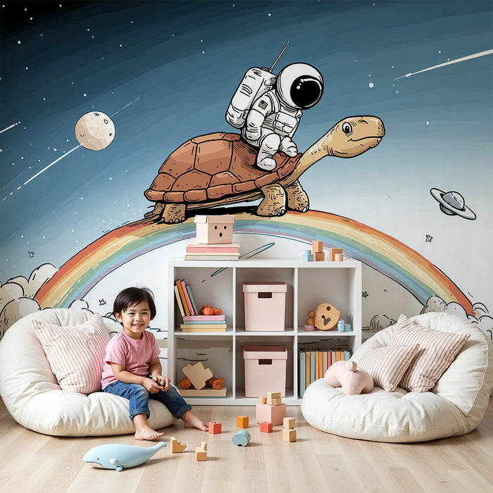 Kids room wallpaper | Space turtle and astronaut on a rainbow