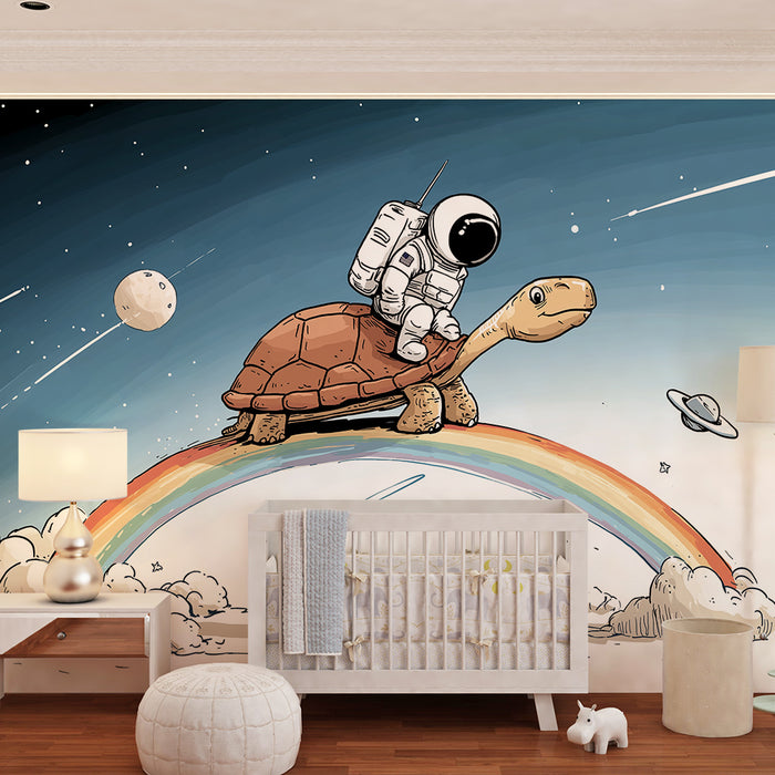 Kids room wallpaper | Space turtle and astronaut on a rainbow