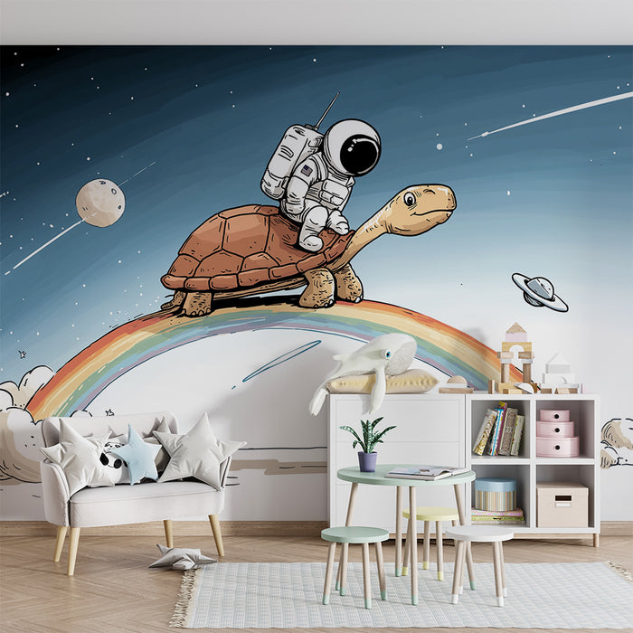Kids room wallpaper | Space turtle and astronaut on a rainbow