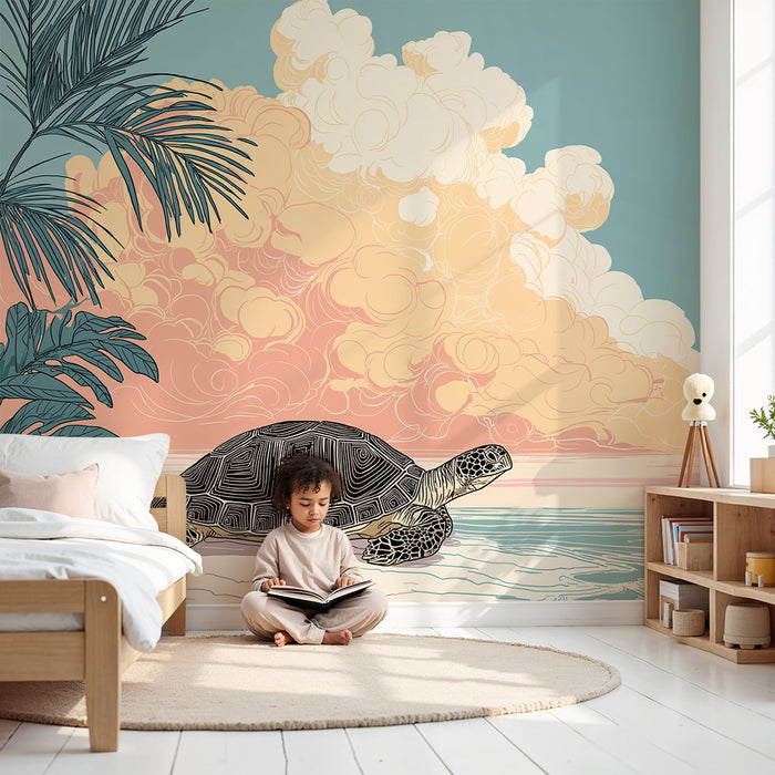 Carta da parati bambini | Tartaruga sulla spiaggia con cielo pastello e palme