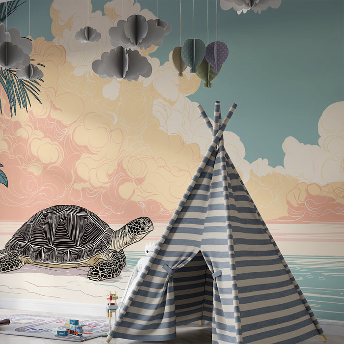 Carta da parati bambini | Tartaruga sulla spiaggia con cielo pastello e palme