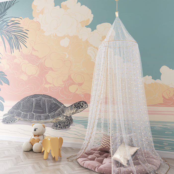 Carta da parati bambini | Tartaruga sulla spiaggia con cielo pastello e palme