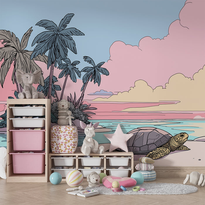 Papel de parede criança | Tartaruga em uma praia tropical ao pôr do sol