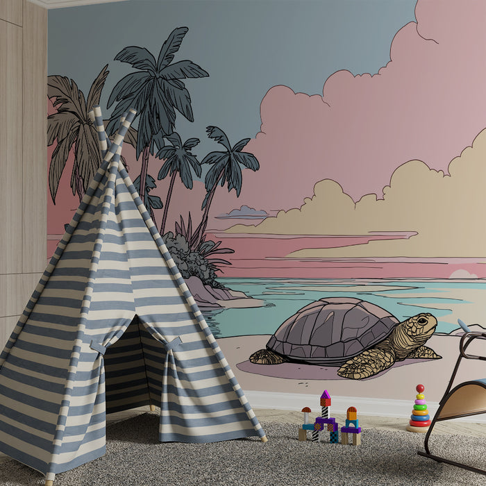 Papel de parede criança | Tartaruga em uma praia tropical ao pôr do sol
