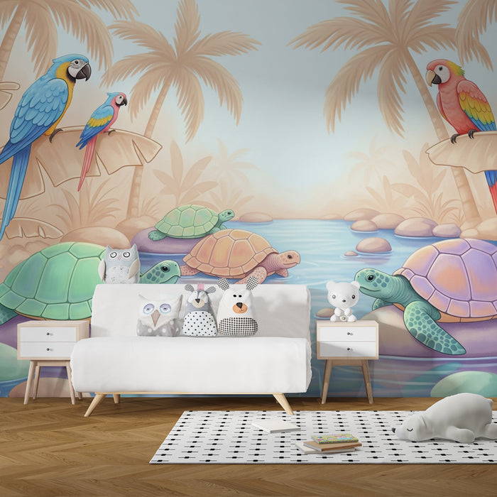 Kinderkamer behang | Schildpadden en papegaaien in een tropisch paradijs