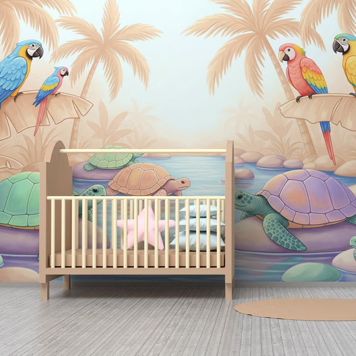 Kinderkamer behang | Schildpadden en papegaaien in een tropisch paradijs