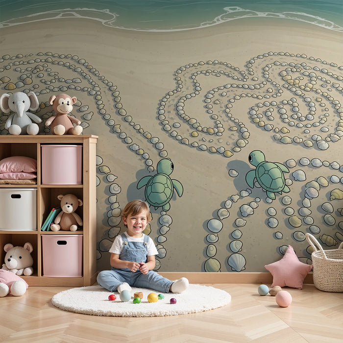 Behang kinderkamer | Zeeschildpadden en schelpen op het strand