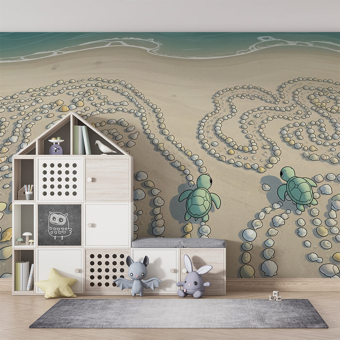 Behang kinderkamer | Zeeschildpadden en schelpen op het strand