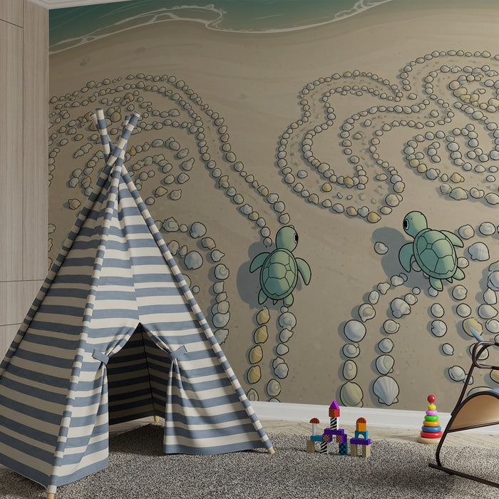 Behang kinderkamer | Zeeschildpadden en schelpen op het strand