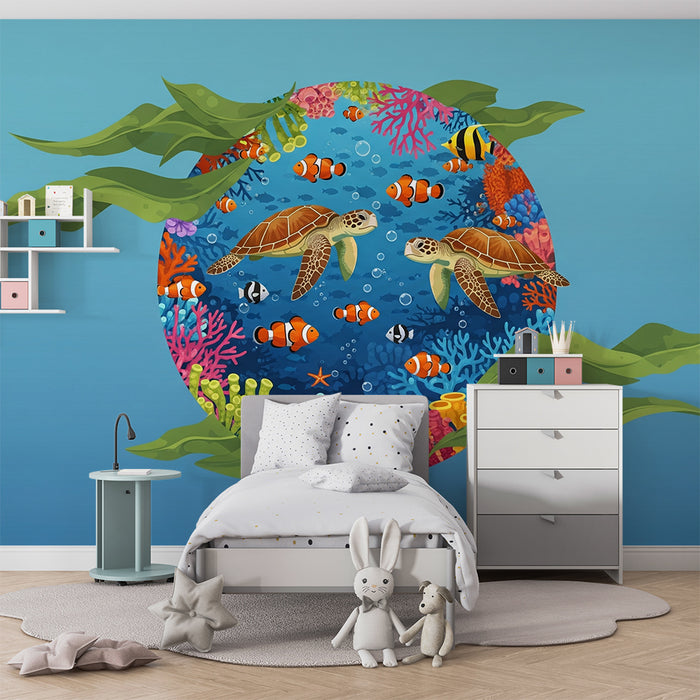 Χαρτί τοιχοποιίας παιδικού δωματίου | Θαλάσσιες χελώνες και πολύχρωμα κοράλλια σε έναν υποβρύχιο κόσμο