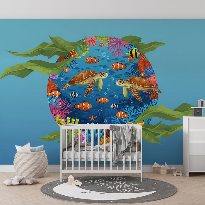 Χαρτί τοιχοποιίας παιδικού δωματίου | Θαλάσσιες χελώνες και πολύχρωμα κοράλλια σε έναν υποβρύχιο κόσμο