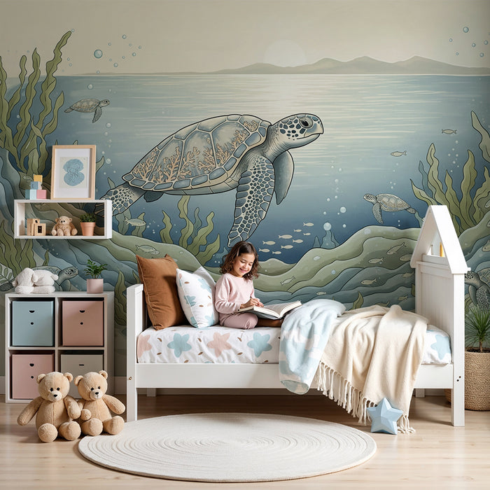 Papier peint chambre enfant | Tortues marines et paysage sous-marin apaisant