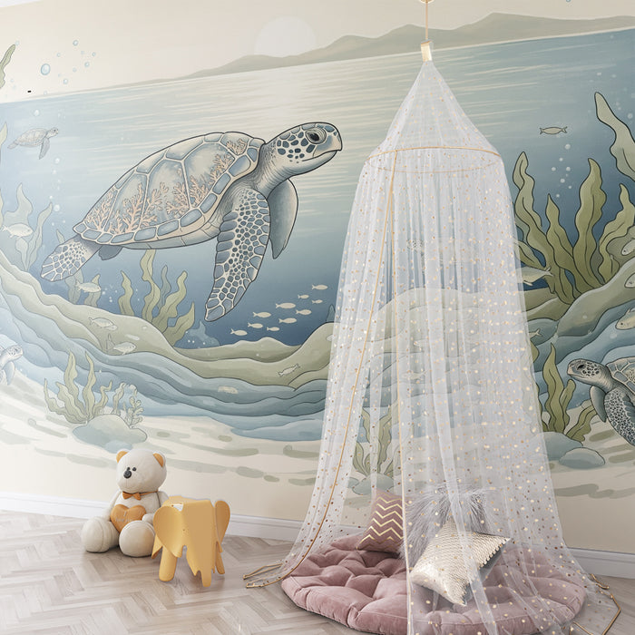 Papier peint chambre enfant | Tortues marines et paysage sous-marin apaisant