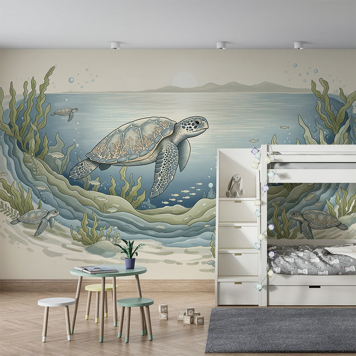 Papier peint chambre enfant | Tortues marines et paysage sous-marin apaisant
