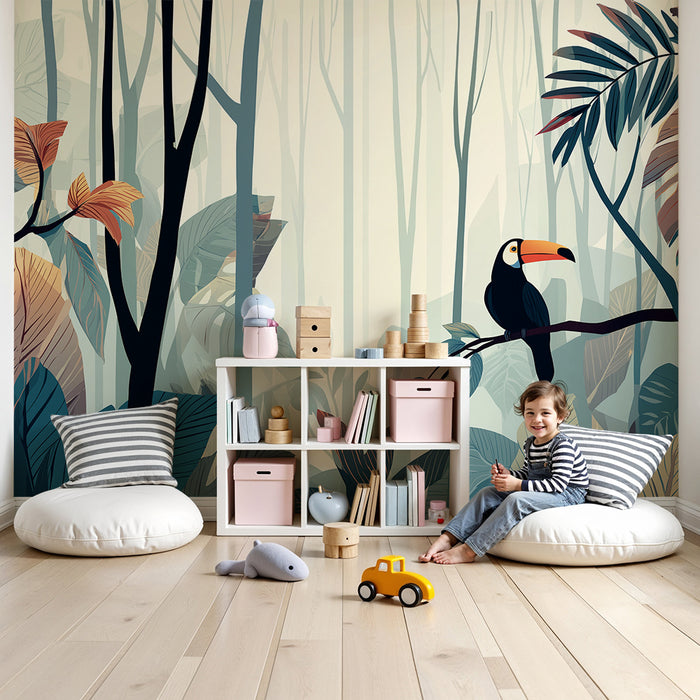 Kinderkamer behang | Kleurrijke toekan in het hart van een tropische jungle