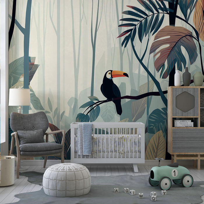 Kinderkamer behang | Kleurrijke toekan in het hart van een tropische jungle