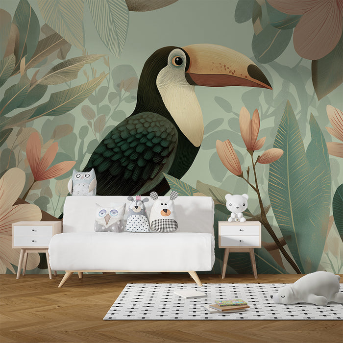 Gyermekszoba tapéta | Színes tukan az egzotikus virágok közepén