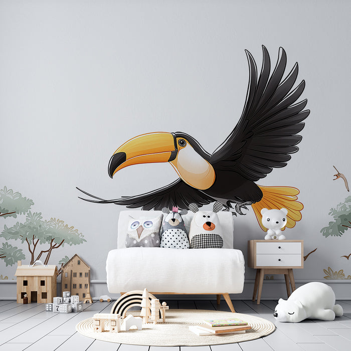 Børneværelse tapet | Farverig Tukan flyver over junglen