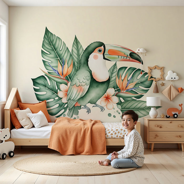 Papier peint chambre enfant | Toucan coloré entouré de feuillage tropical