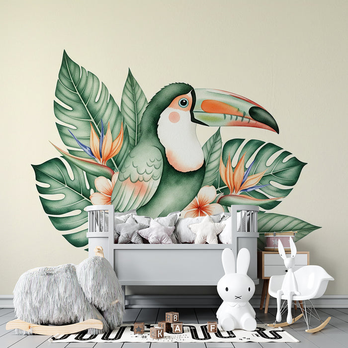 Papier peint chambre enfant | Toucan coloré entouré de feuillage tropical