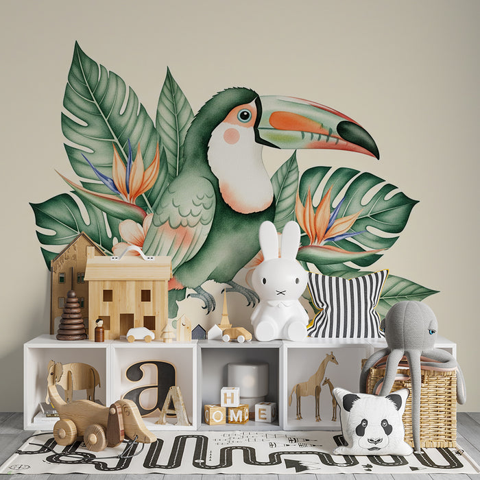 Papier peint chambre enfant | Toucan coloré entouré de feuillage tropical