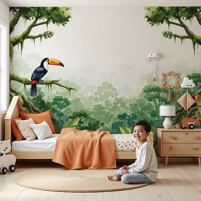 Kinderzimmer Tapete | Bunter Tukan und üppiger Dschungel