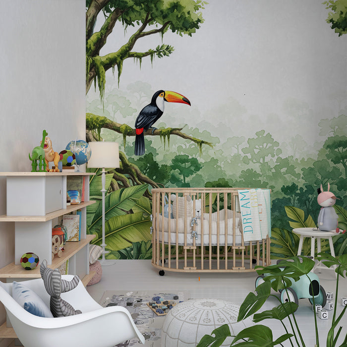Kinderzimmer Tapete | Bunter Tukan und üppiger Dschungel