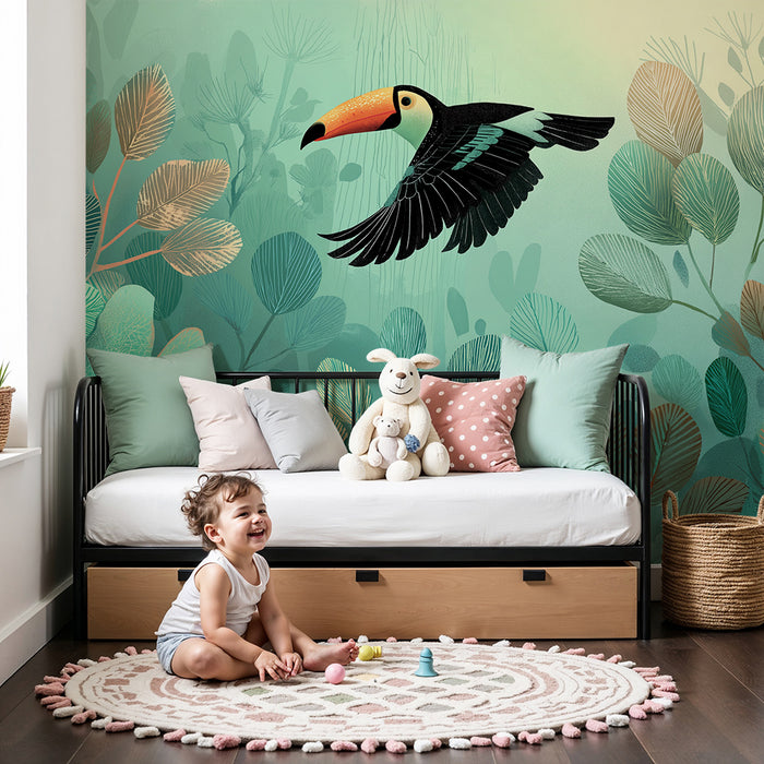 Børneværelse tapet | Farverig tukan på baggrund af tropisk løvwerk