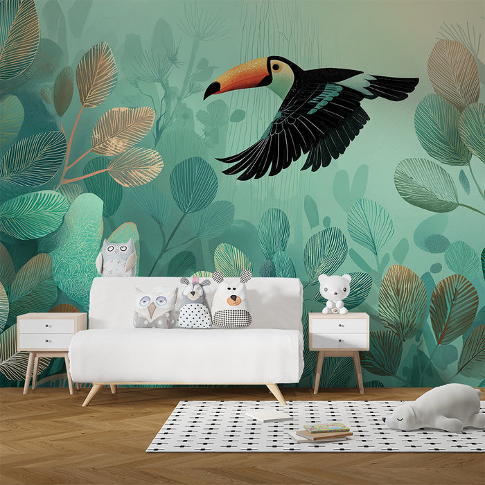 Børneværelse tapet | Farverig tukan på baggrund af tropisk løvwerk