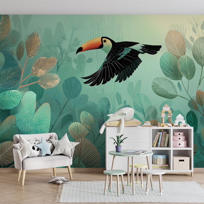 Børneværelse tapet | Farverig tukan på baggrund af tropisk løvwerk