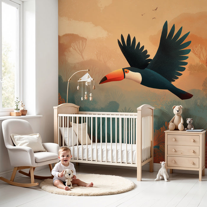 Børneværelse tapet | Tukan flyver over en farverig jungle